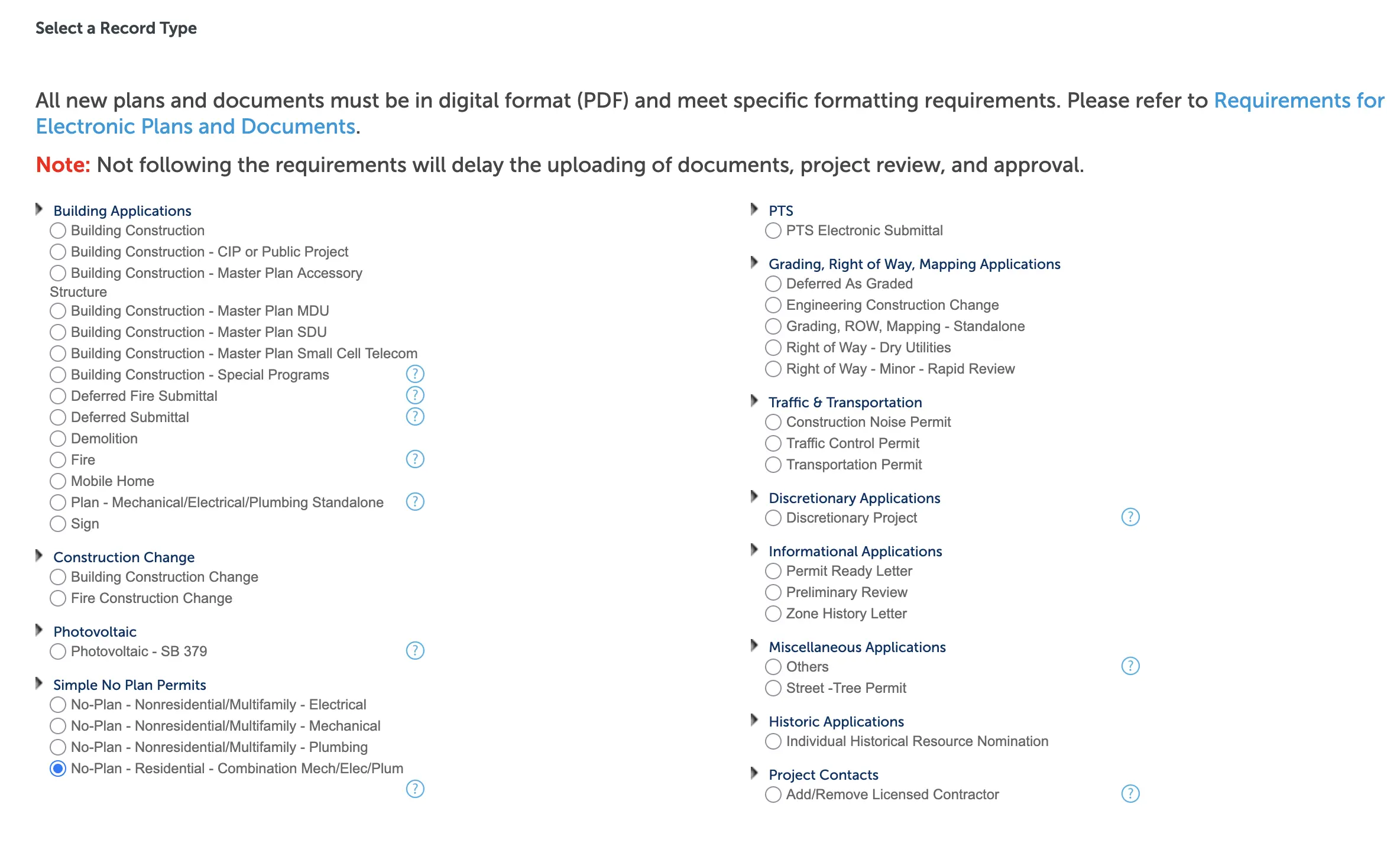 Permit type selection
